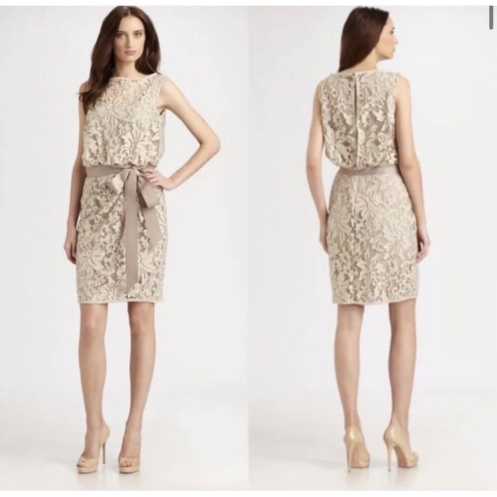 Tadashi Shoji Beige Lace Sheath Dress with Sash